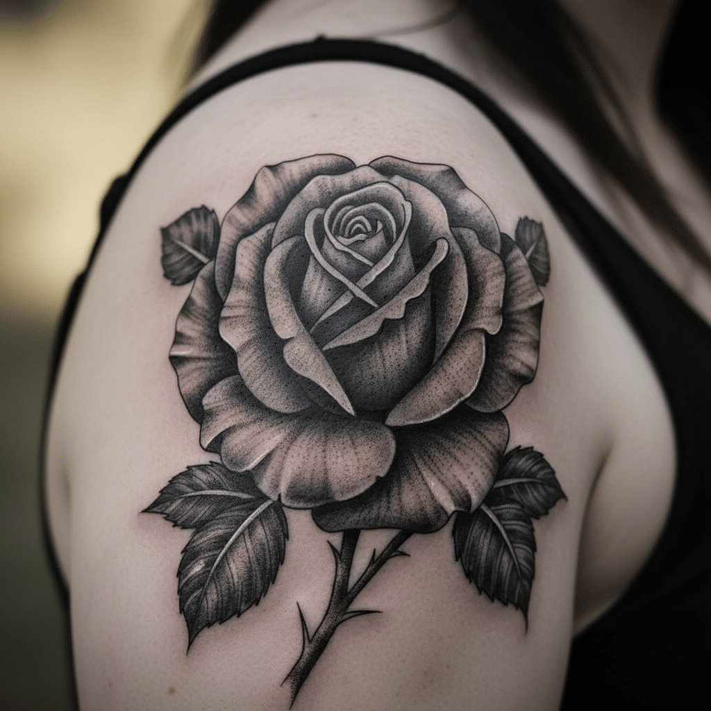 Black and gray rose tattoo on upper arm, detailed petals and leaves design, against a blurred background.