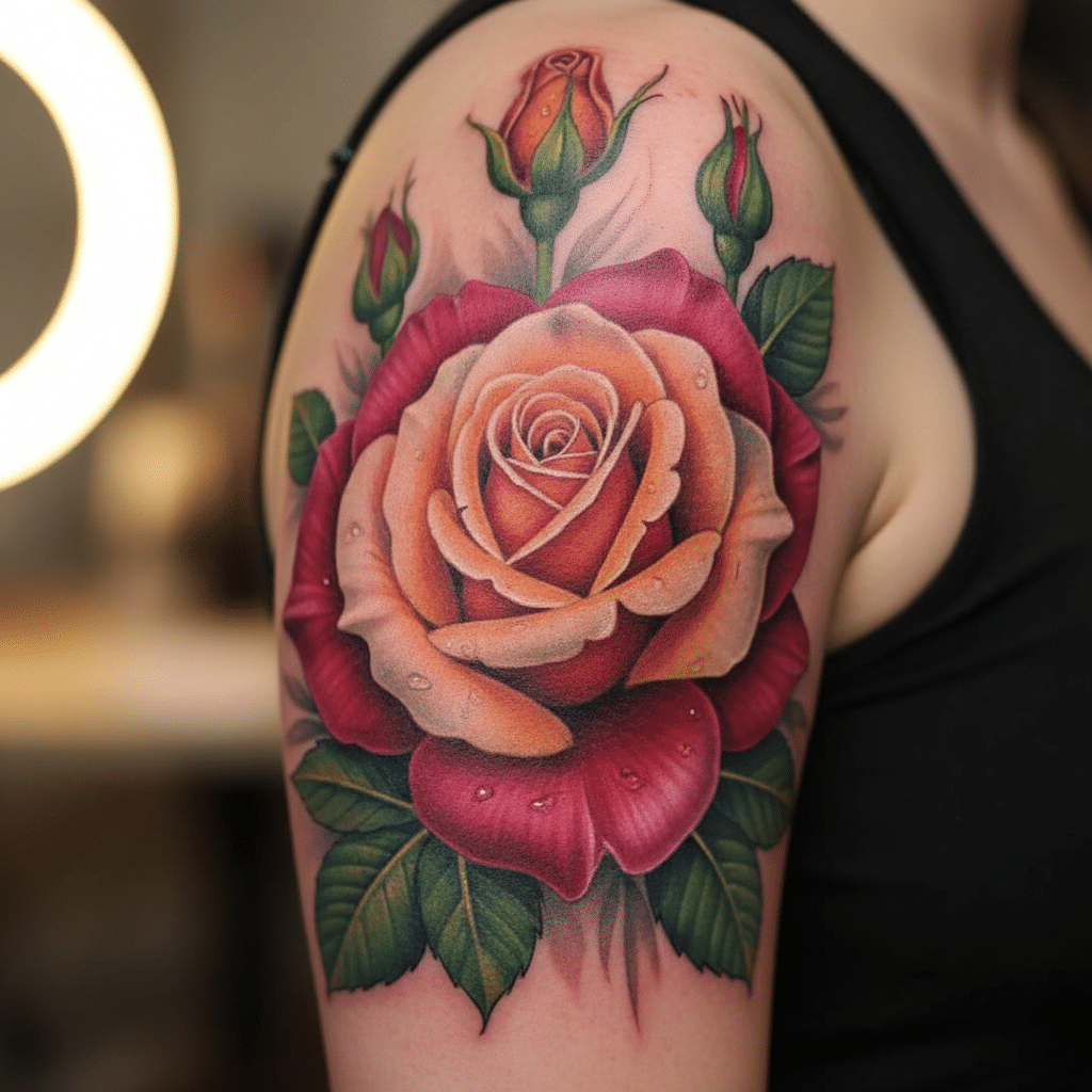 Colorful rose tattoo on a person's upper arm, featuring vibrant petals and dewdrop details, showcased in a studio setting.