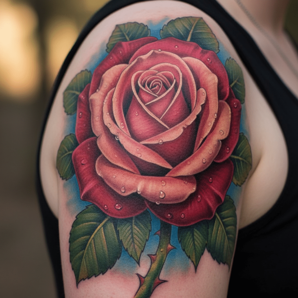 Realistic rose tattoo with dew drops on an arm, featuring vibrant red petals and green leaves. Tattoo art, body ink close-up.
