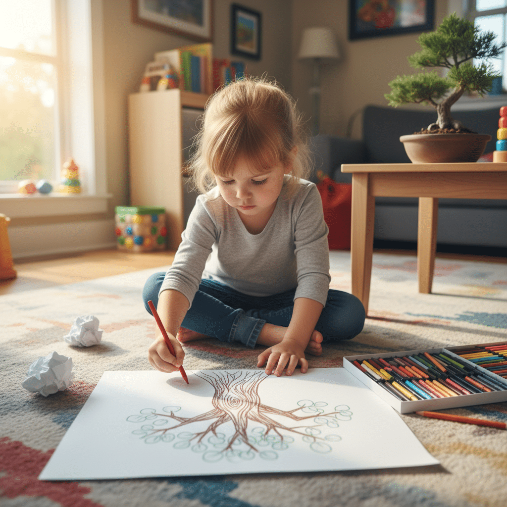 A young child drawing a detailed tree with colored pencils on paper, creating art in a cozy, sunlit room with toys and plants.