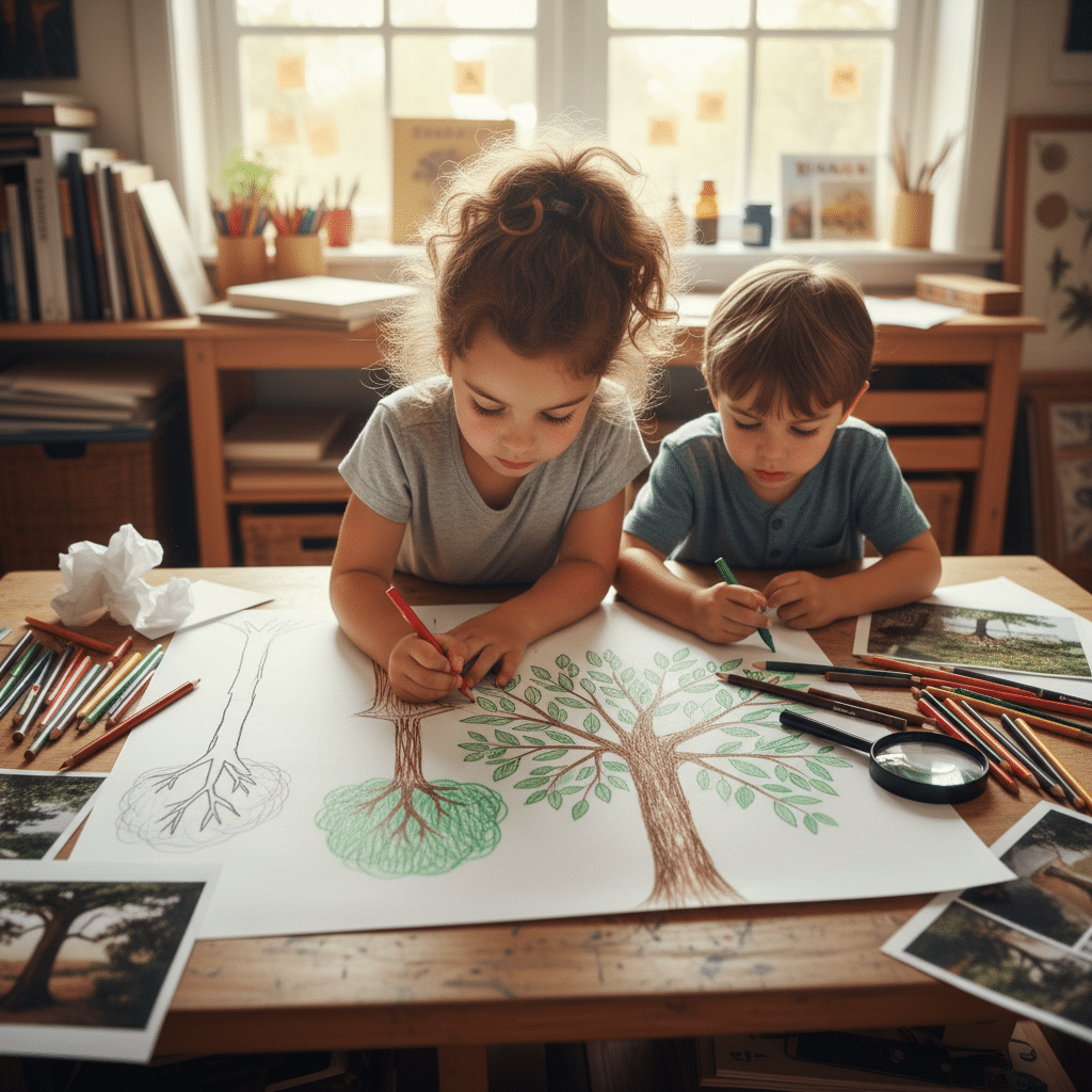 Children drawing trees with colored pencils on a large sheet of paper in a sunny art studio, surrounded by art supplies and nature photos.