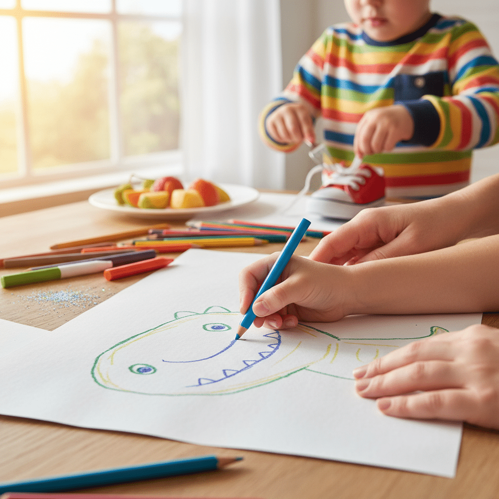 Child drawing a dinosaur with colorful pencils while another child ties shoelaces. Bright room with fruit plate in background.