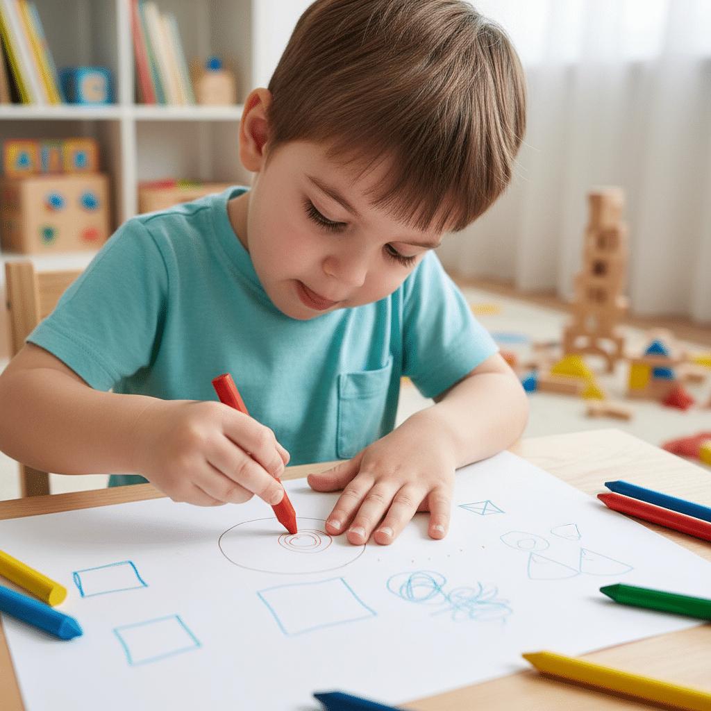Young child drawing with crayons at a table in a playroom, focusing intently on art with colorful shapes on paper, enhancing creativity.