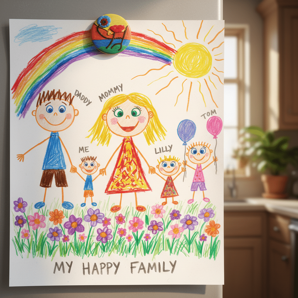Child's colorful drawing of a happy family with rainbow, sun, and flowers, displayed on a fridge.