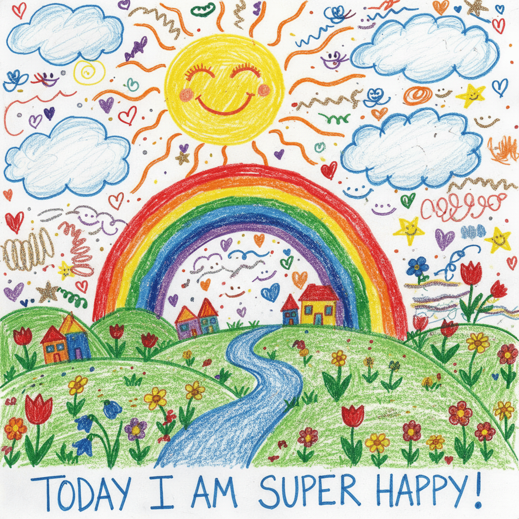 Crayon drawing of a smiling sun and rainbow over colorful houses and flowers with cheerful scribbles, captioned Today I Am Super Happy!