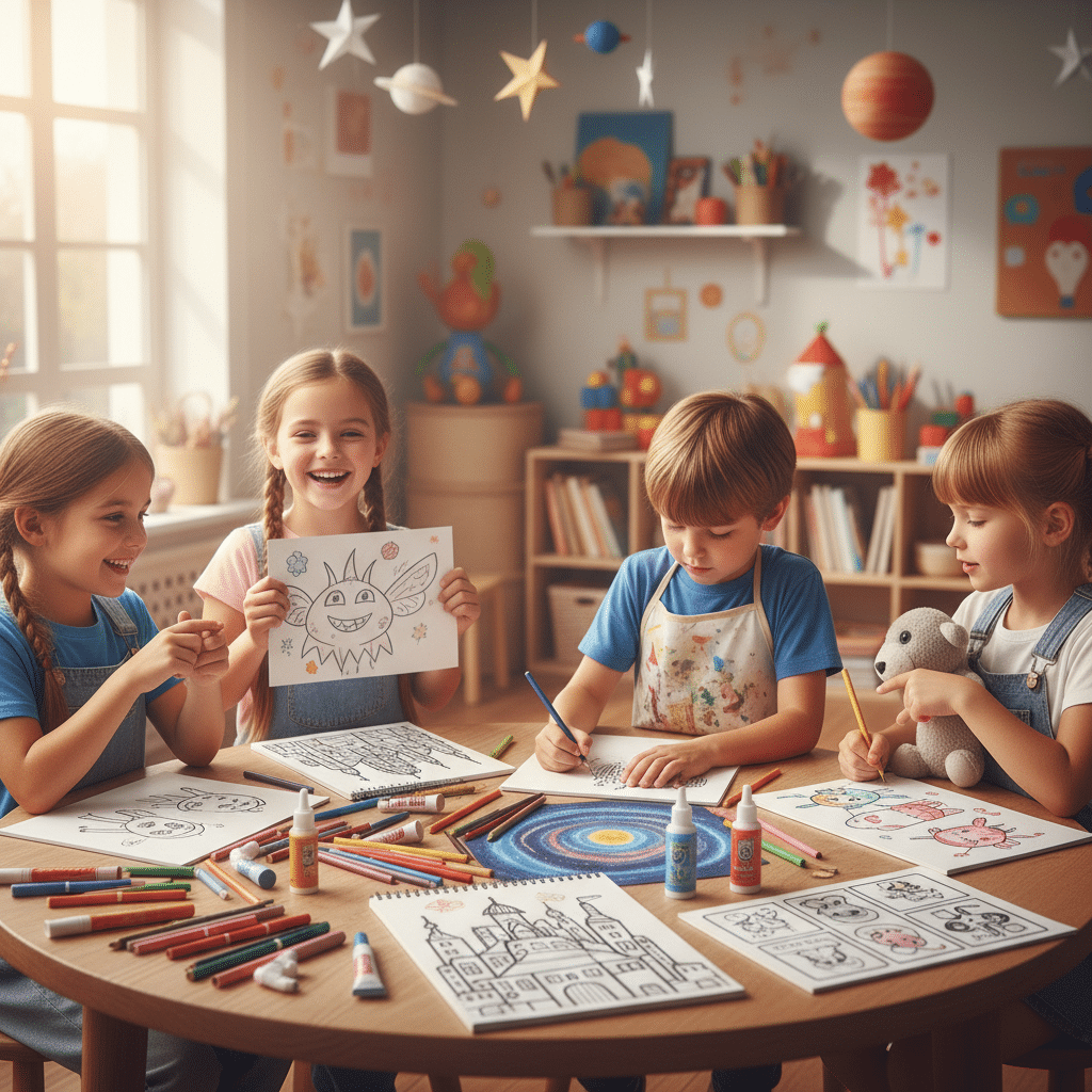 Children engaged in a joyful art activity, drawing and coloring at a creative classroom table, surrounded by colorful supplies and crafts.