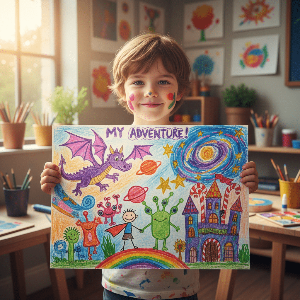 Child proudly displays colorful drawing of a fantasy adventure with dragons, aliens, and castles in a cheerful art classroom setting.