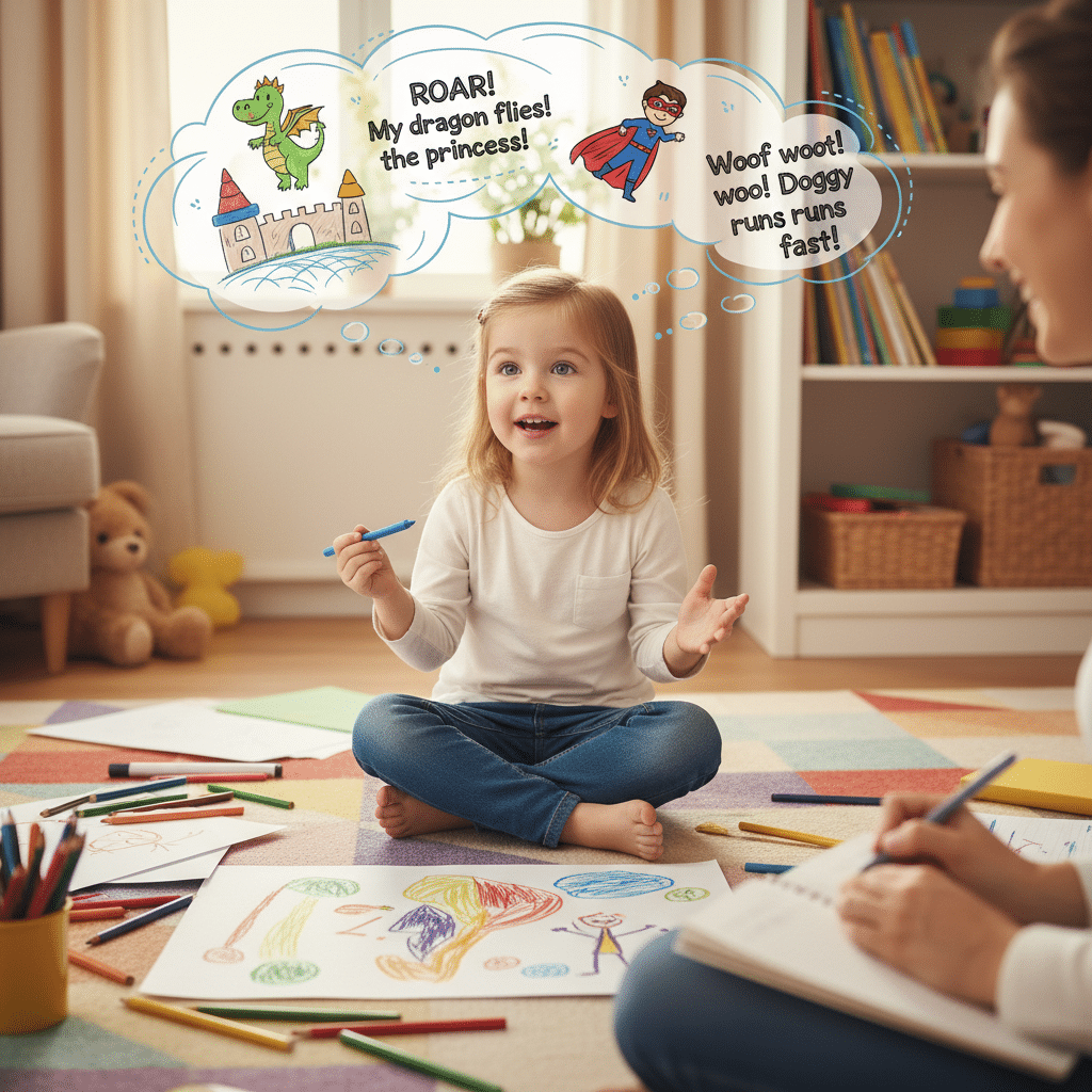 Child joyfully drawing and imagining adventures with dragons and superheroes, expressing creativity at home.