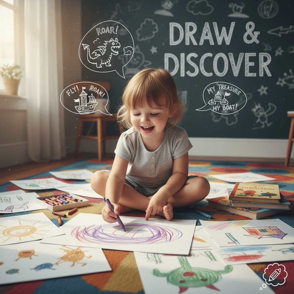 Child drawing creatively on the floor surrounded by colorful art supplies and drawings, inspiring imagination and discovery.