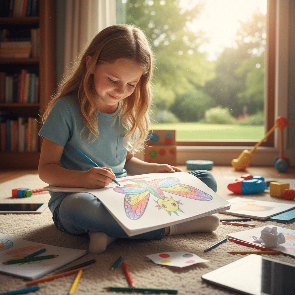 Girl coloring a butterfly drawing in a sunny room, surrounded by art supplies and toys, fostering creativity and relaxation.