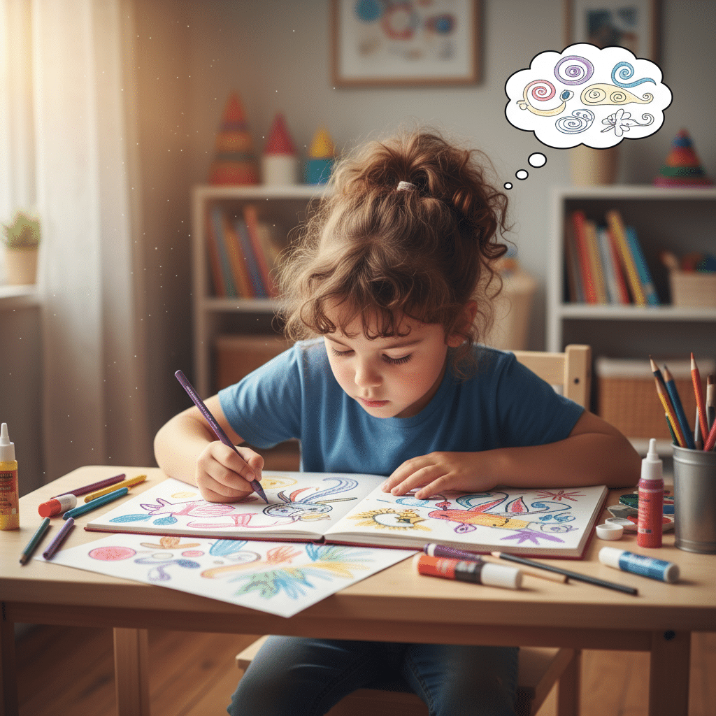 Young girl drawing colorful art at a wooden table with creative thought bubble, in a cozy, sunlit room. Ideal for education or creativity themes.