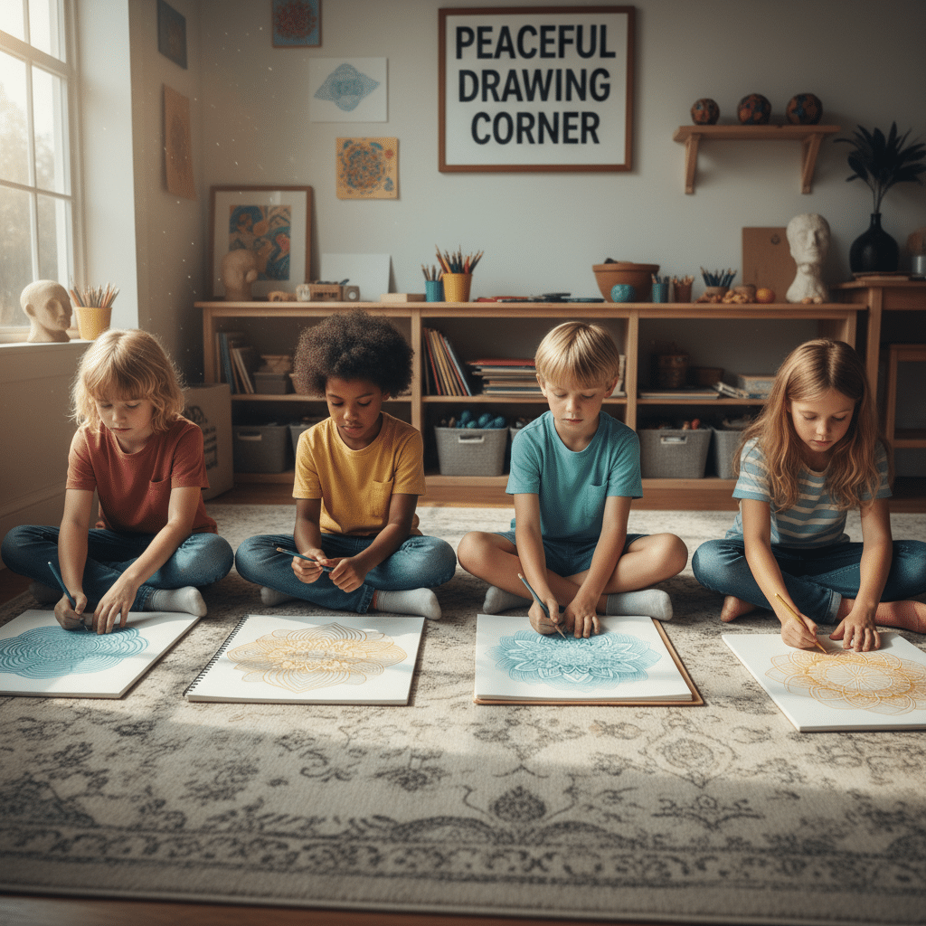 Children peacefully drawing mandalas together in a serene art corner, fostering creativity and mindfulness through art activities.