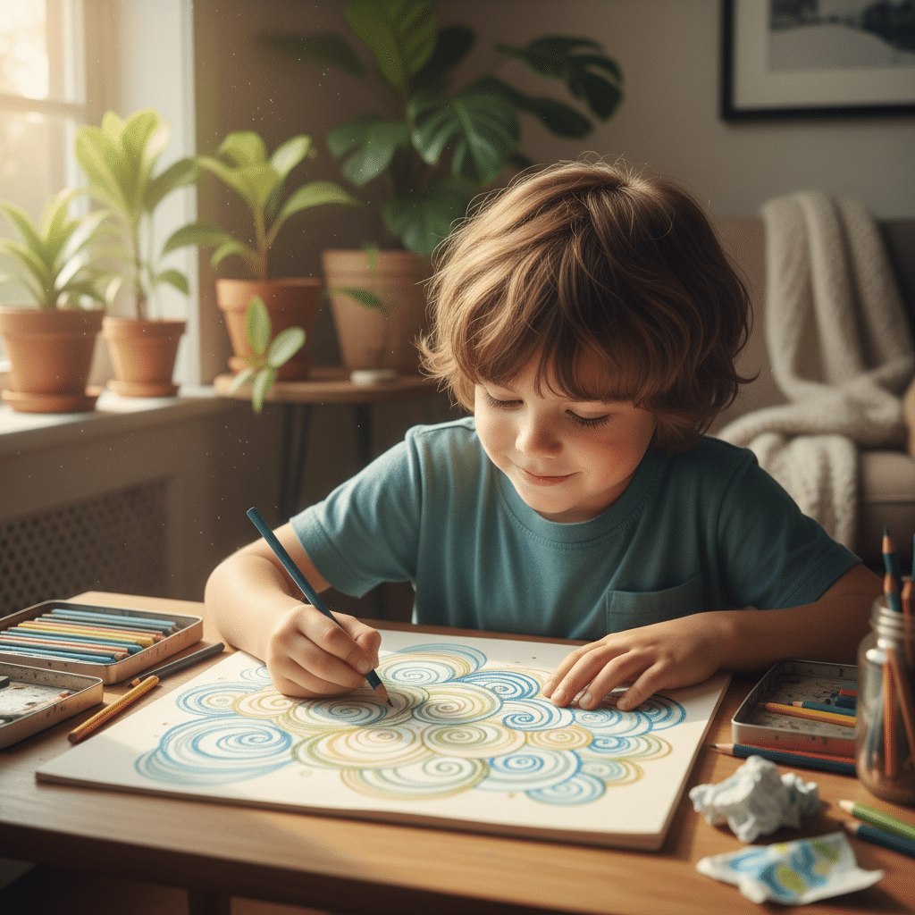 Child drawing colorful spiral patterns with pencils at home, surrounded by plants and cozy decor, depicting creativity and relaxation.