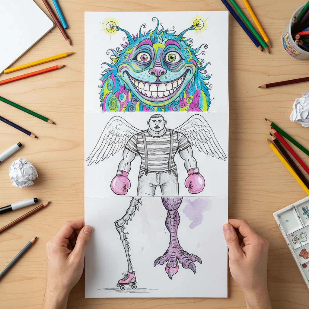 Creative mixed-media drawing of a whimsical creature with colorful patterns, wings, and diverse legs, surrounded by art supplies on a desk.