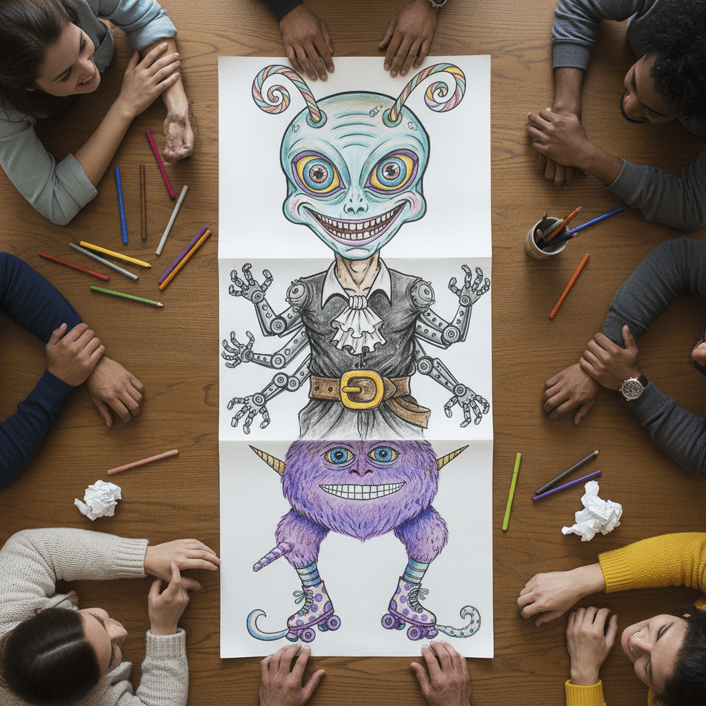 Group of people creating a colorful monster drawing together at a wooden table, with various colored pencils scattered around.