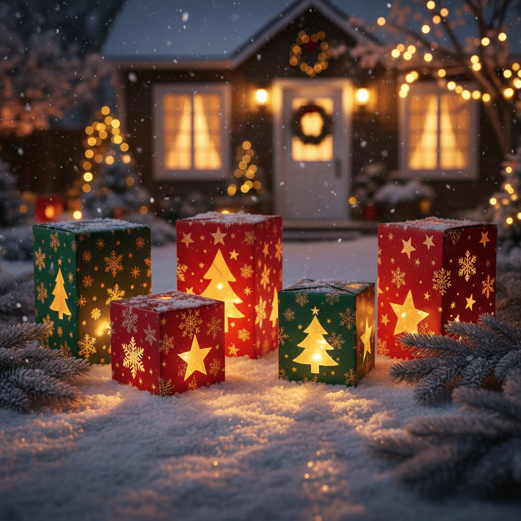 ai-photo-studio-1763666164538-2 Festive Christmas lanterns with tree and snowflake designs light up a snowy yard, enhancing the cozy winter spirit of the decorated home. | Sky Rye Design Festive Christmas lanterns with tree and snowflake designs light up a snowy yard, enhancing the cozy winter spirit of the decorated home.