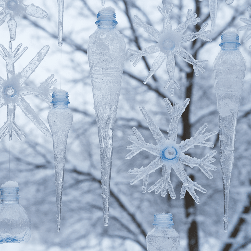 ai-photo-studio-1763666366923-1 Recycled plastic bottles transformed into beautiful snowflakes and icicles in a snowy forest setting, showcasing creative upcycling. | Sky Rye Design Recycled plastic bottles transformed into beautiful snowflakes and icicles in a snowy forest setting, showcasing creative upcycling.