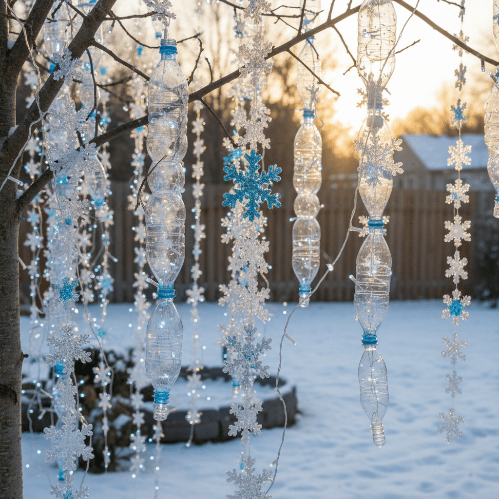 ai-photo-studio-1763666405014-2 Recycled plastic bottle art with blue snowflakes hanging on a tree, sparkling in winter sunlight against a snowy backyard. | Sky Rye Design Recycled plastic bottle art with blue snowflakes hanging on a tree, sparkling in winter sunlight against a snowy backyard.