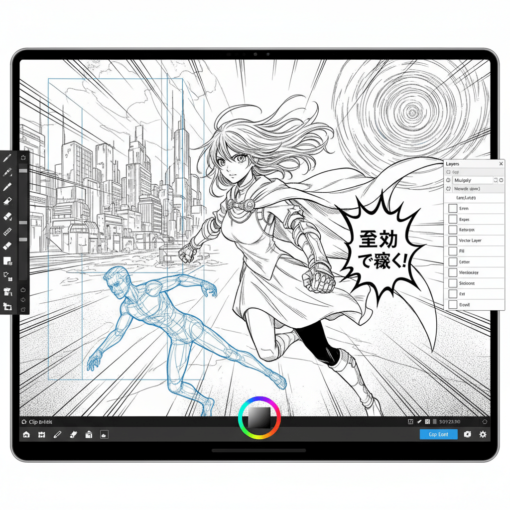 Digital artwork on a tablet showcasing dynamic anime characters in an urban setting, with drawing tools visible on the interface.