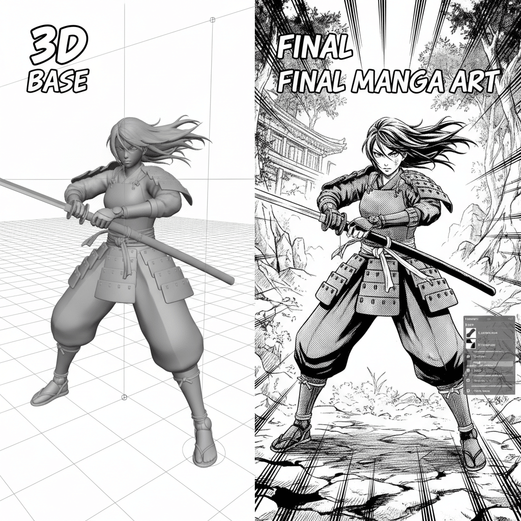 3D model to final manga art transformation showcasing a warrior with a katana. Compare digital base with intricate manga illustration.