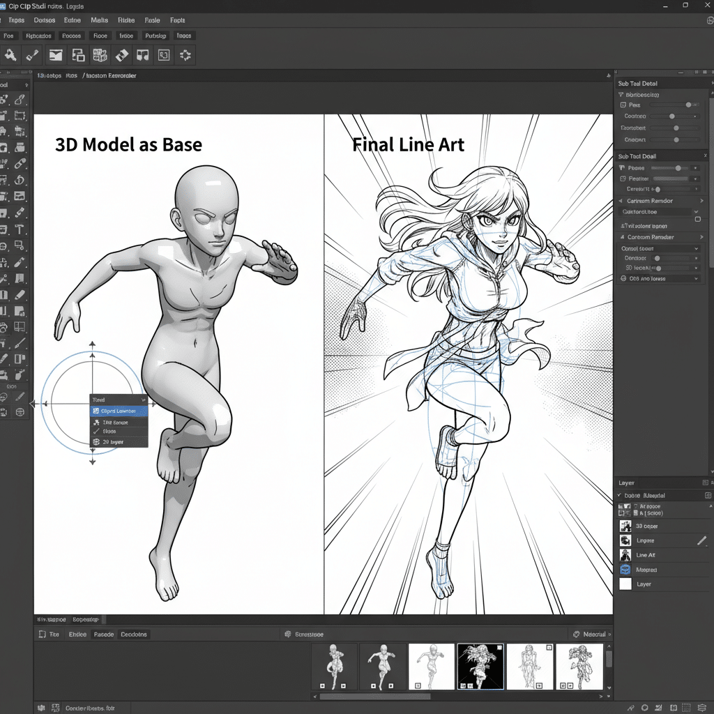 3D model used as base for dynamic manga character line art in digital drawing software interface.