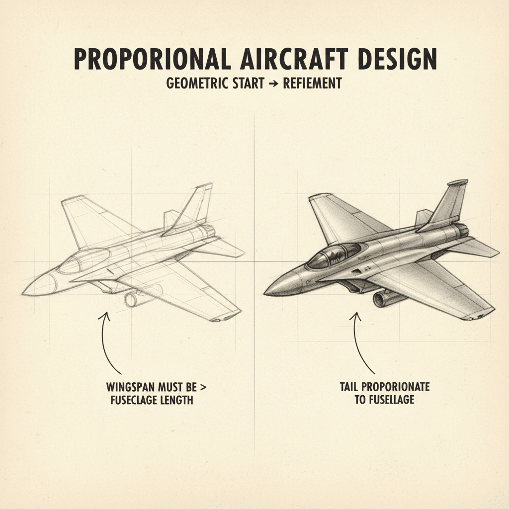 Diagram showing proportional aircraft design with sketches highlighting wingspan and tail-fuselage ratio for geometric precision.