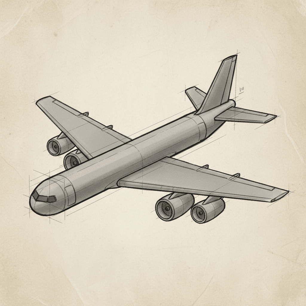 Illustrated sketch of a commercial airplane, showing detailed design and structure with wings and engines, on a vintage-style background.