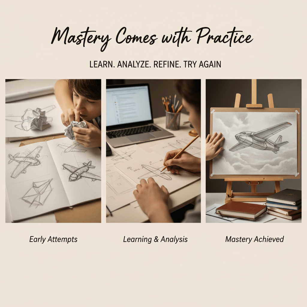 Three-step journey to artistic mastery: from early sketches, through analysis, to a detailed drawing of a plane on an easel.