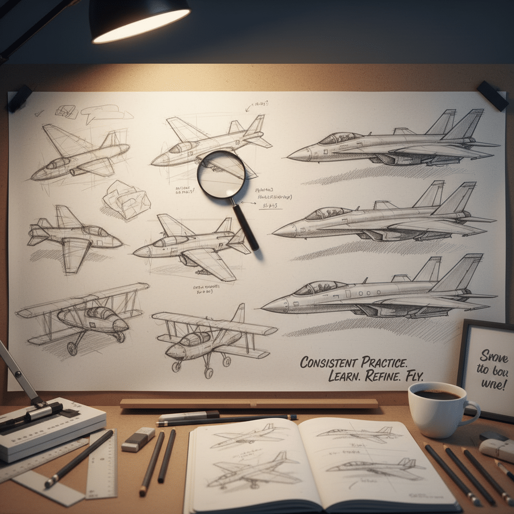 Sketches of jet designs pinned on a wall, with a magnifying glass and drawing tools. Inspirational note: Consistent Practice. Learn. Refine. Fly.