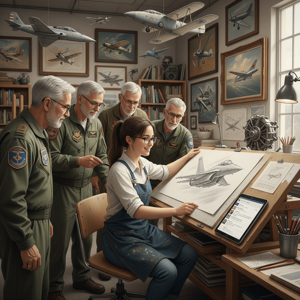 Young artist sketches a jet fighter, surrounded by veterans in a room filled with model airplanes and aviation art.