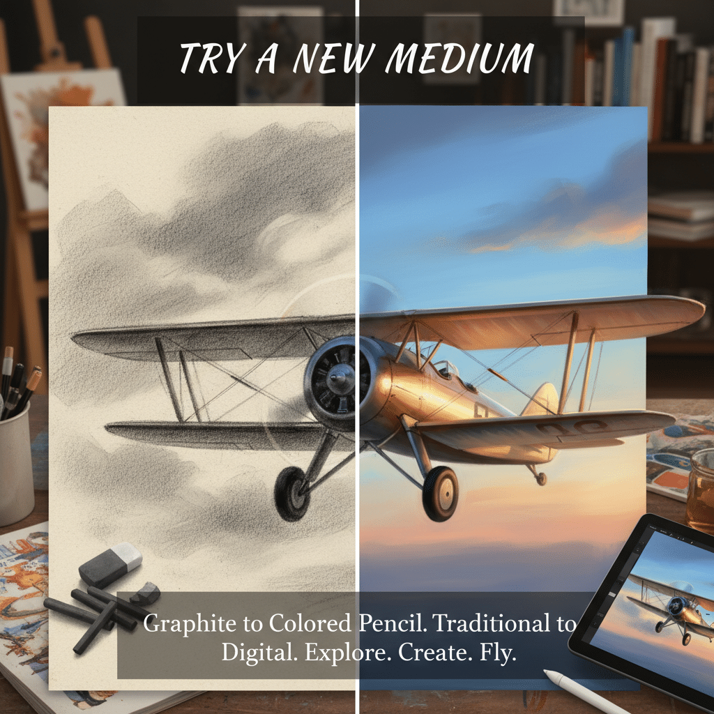 Graphite and colored pencil drawing of a biplane, transitioning to digital art. Text reads: Try a New Medium. Explore. Create. Fly.