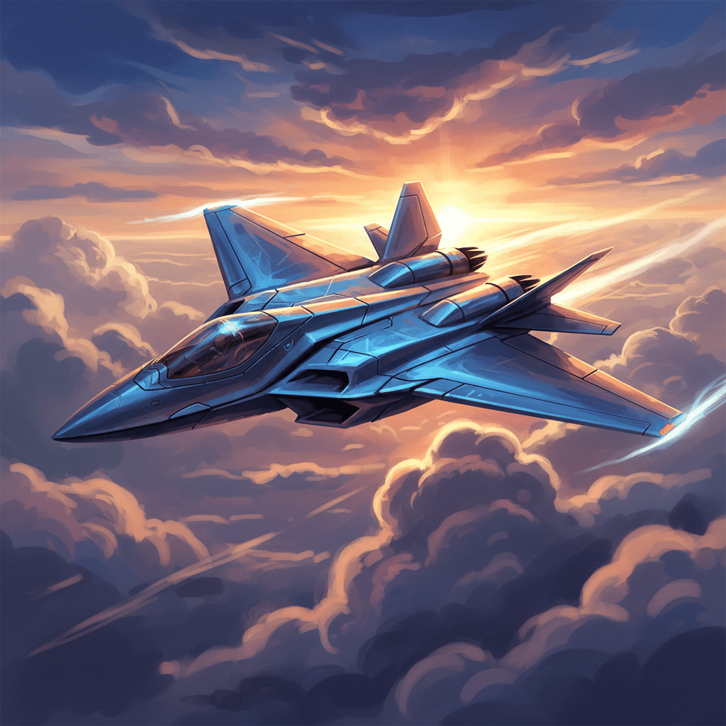 Futuristic jet flying through vibrant clouds at sunset, showcasing advanced aerodynamics and sleek design.