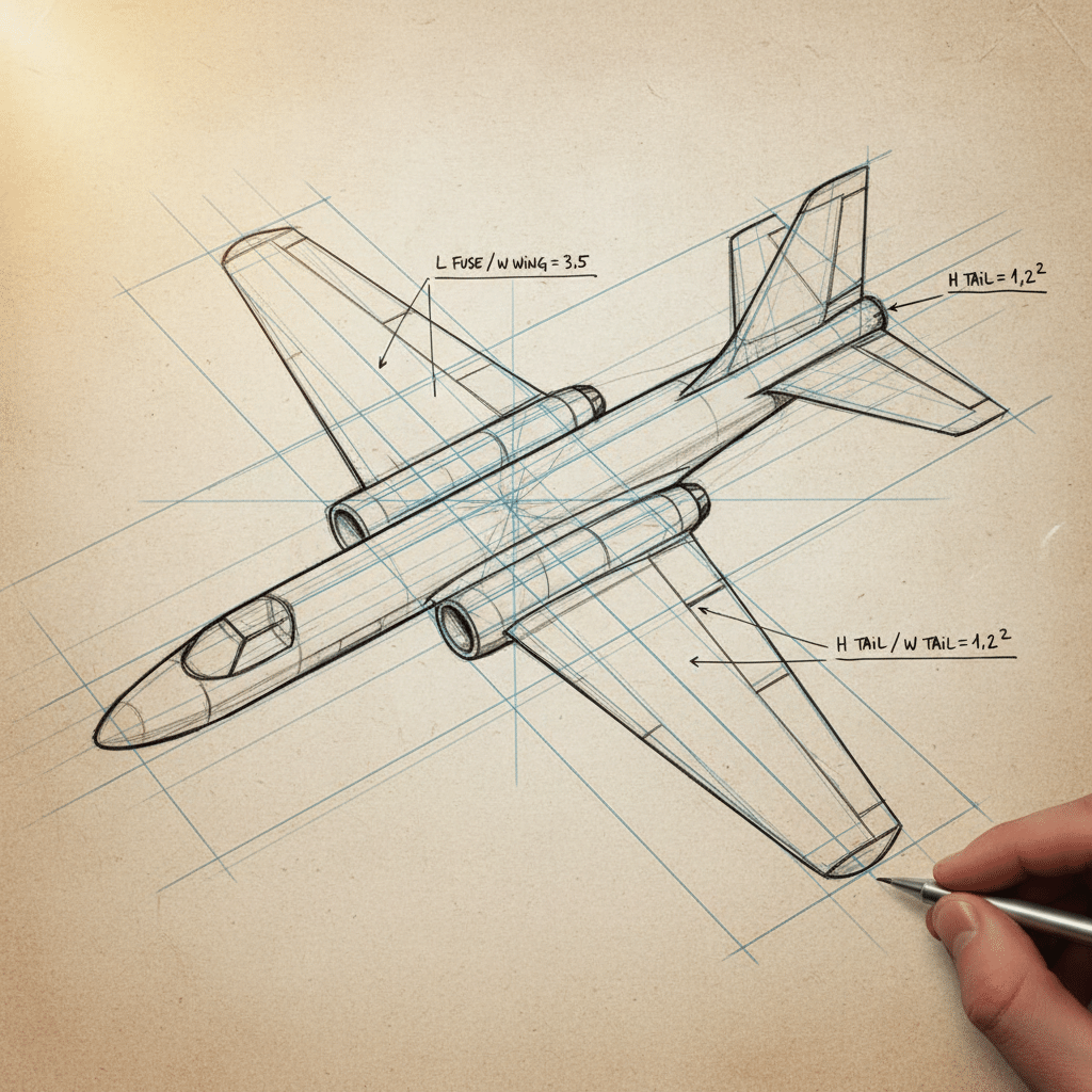 Hand sketch of a jet plane design with annotations on measurements, illustrating aviation engineering creativity and precision.