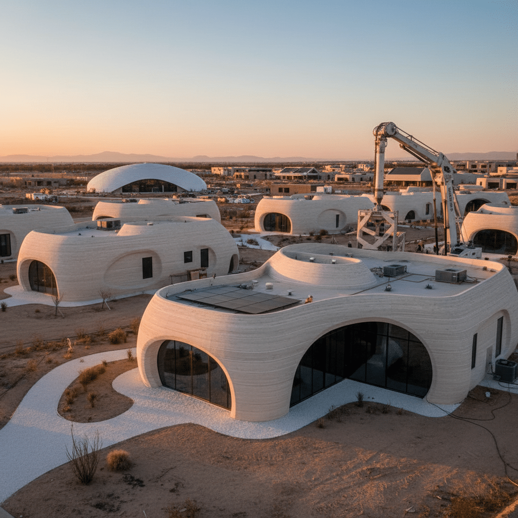 Futuristic 3D-printed houses under construction in a desert landscape at sunset, showcasing innovative architecture and technology.