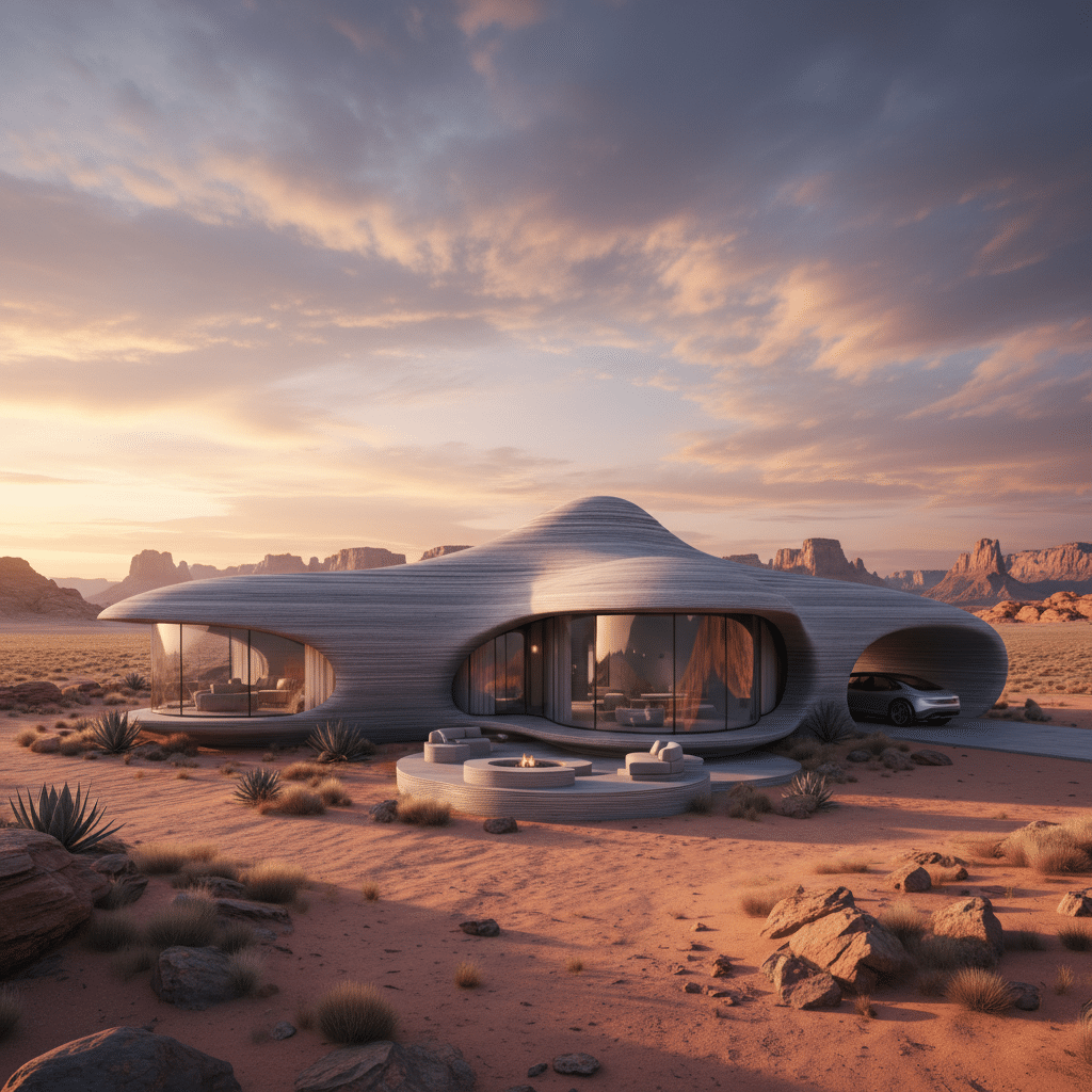 Futuristic desert home with curved architecture at sunset, surrounded by arid landscape and rocky terrain, showcasing modern design.