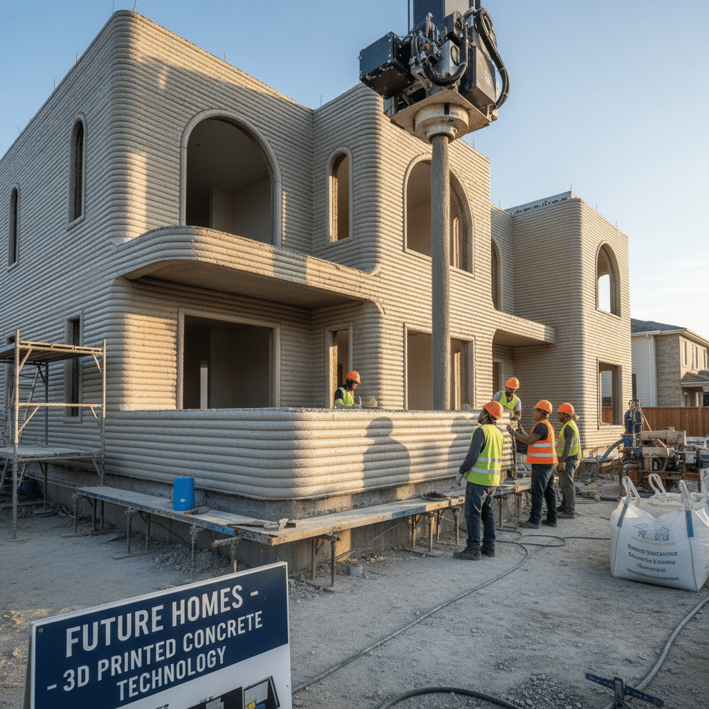 3D-printed concrete house under construction with workers in hard hats and a sign reading Future Homes - 3D Printed Concrete Technology.