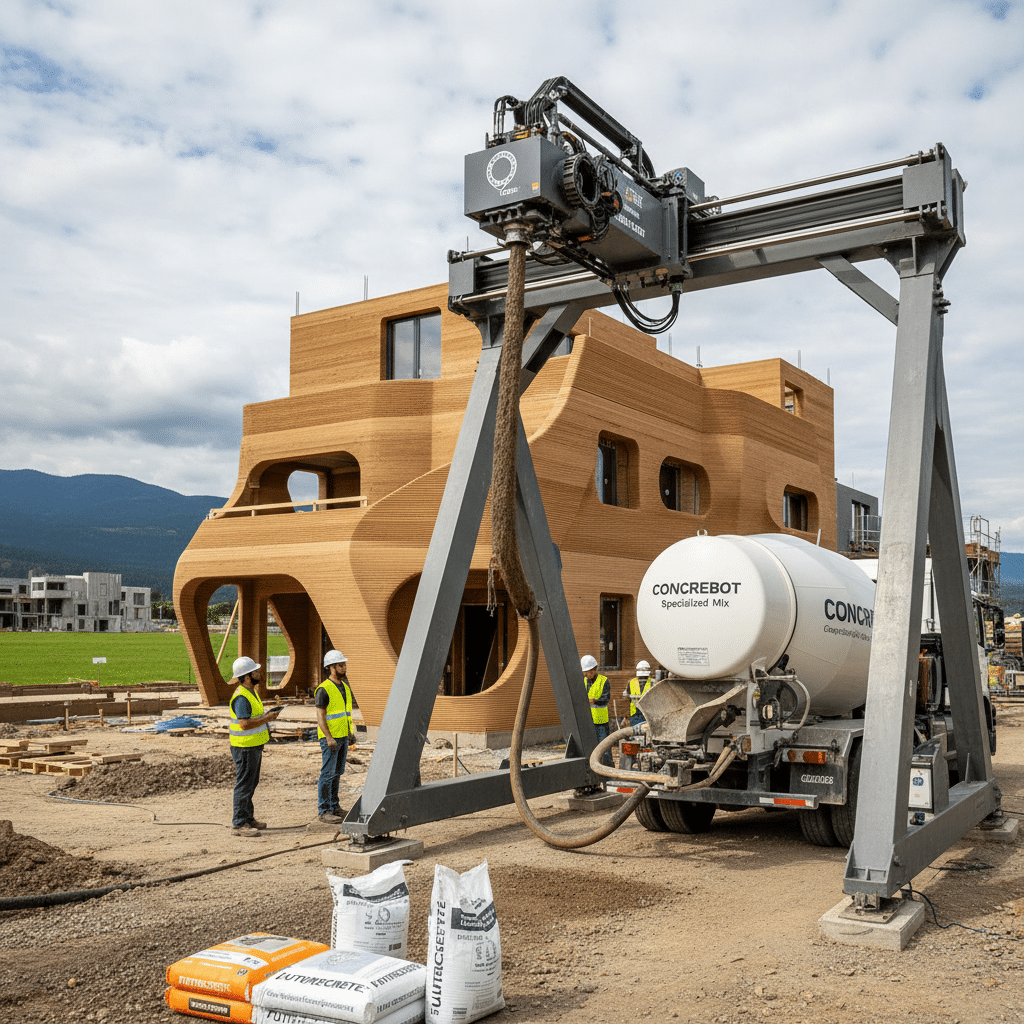 3D printing construction site with futuristic building, robotic arm, cement truck, and workers wearing safety gear.