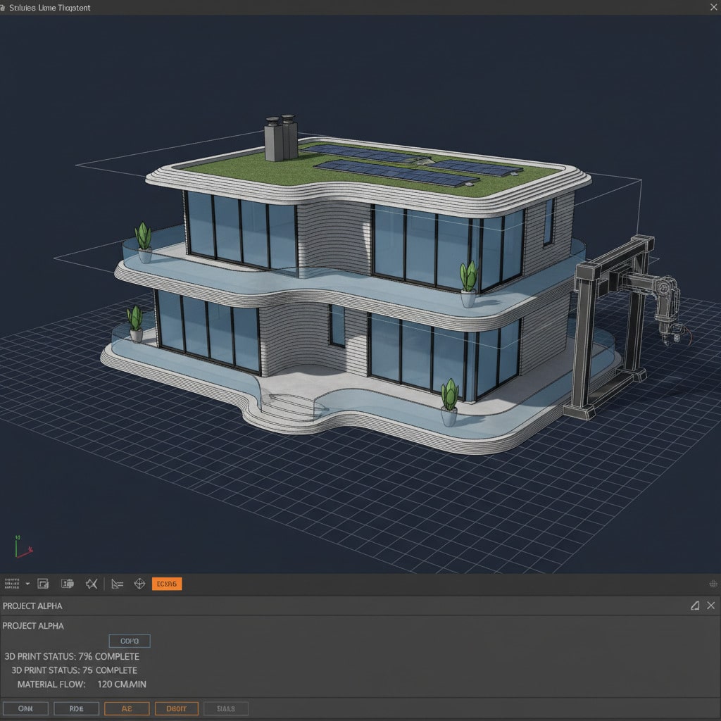 3D printed modern two-story house with large windows, solar panels, and green roof, partially complete, displayed in design software.