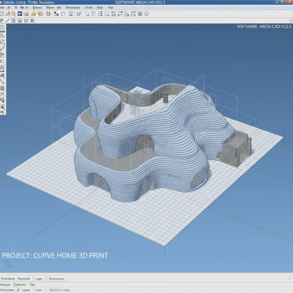 3D architectural model of a curvy home design in ArchiCAD software, showcasing modern and organic building shapes.
