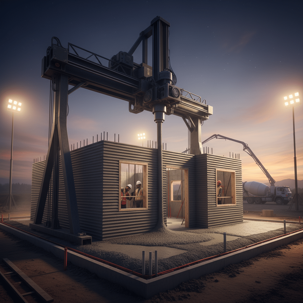 3D printer constructing a building at a construction site during sunset, with workers observing.