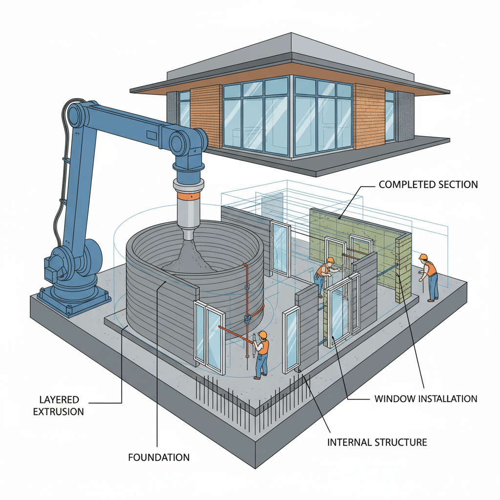 Diagram of 3D printing construction, showcasing robotic arm forming house layers with labeled foundation, window installation, and internal structure.