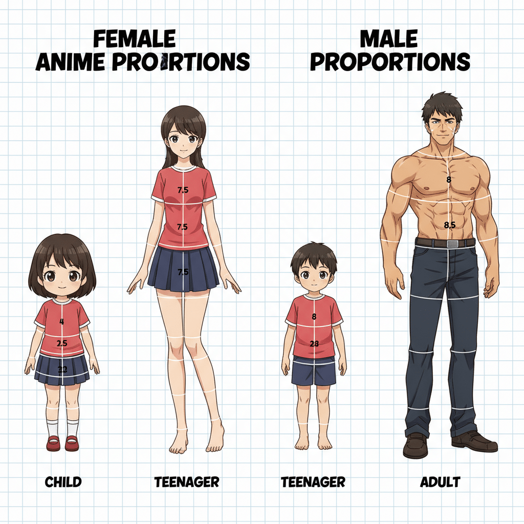 Anime character proportions chart showing growth stages of male and female from child to adult, with labeled height measurements.