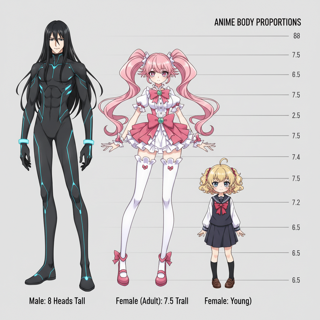 Comparison of anime body proportions: male character at 8 heads tall, adult female at 7.5, and young female at 6.5.