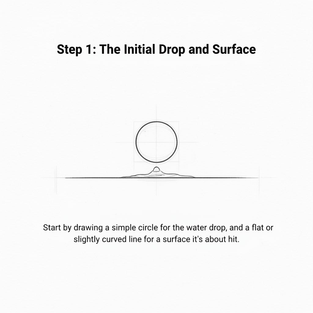 Step 1 of drawing a water drop: sketch a circle for the drop and a flat line for the surface it's about to hit.