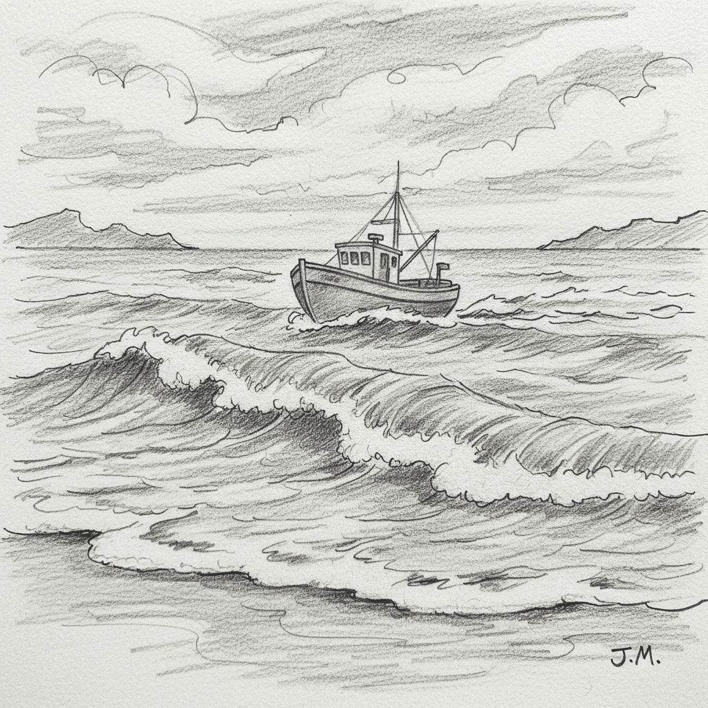 Pencil sketch of a fishing boat navigating choppy ocean waves under a cloudy sky, with distant mountains on the horizon.
