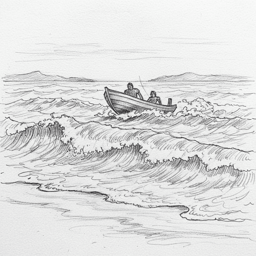 Drawing of a small boat navigating rough waves with two people aboard, surrounded by a vast, choppy sea under a calm sky.