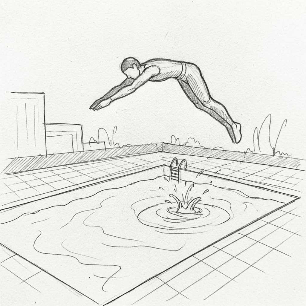 Person diving into a pool with a splash, drawing on paper, showcasing movement and dynamic action in a backyard setting.