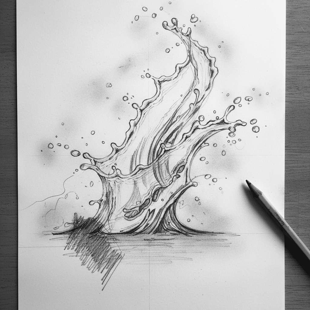 Dynamic pencil sketch of a water splash on paper, conveying motion and fluidity with detailed shading and droplets.
