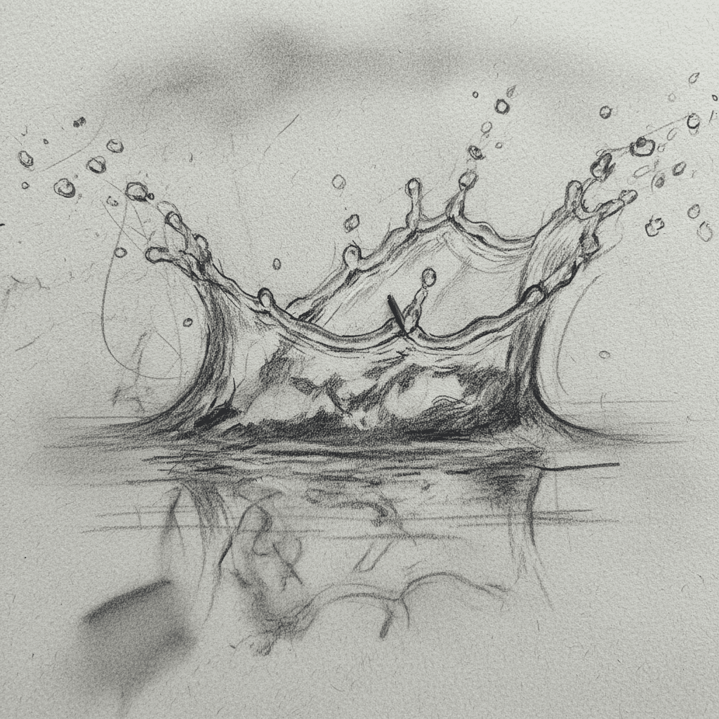 Pencil sketch of a water splash crown, detailed and artistic, capturing dynamic motion and fluidity in graphite on paper.