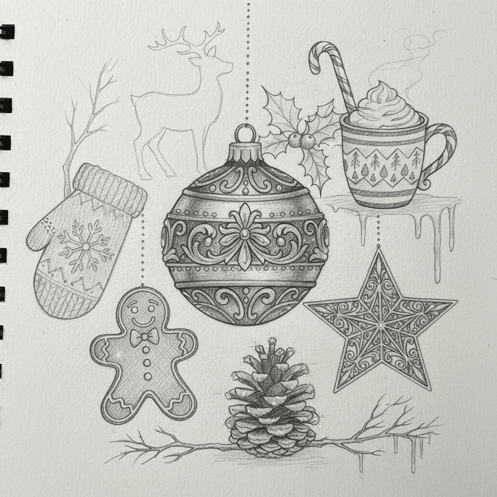 Pencil sketches of holiday elements: ornament, mitten, gingerbread, pinecone, deer, holly, star, and a mug with whipped cream and candy cane.